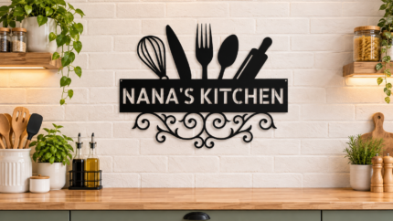 تابلوه مطبخ خشب بالاسم بتصميم أدوات المطبخ | Personalized Kitchen Utensils Wall Art
